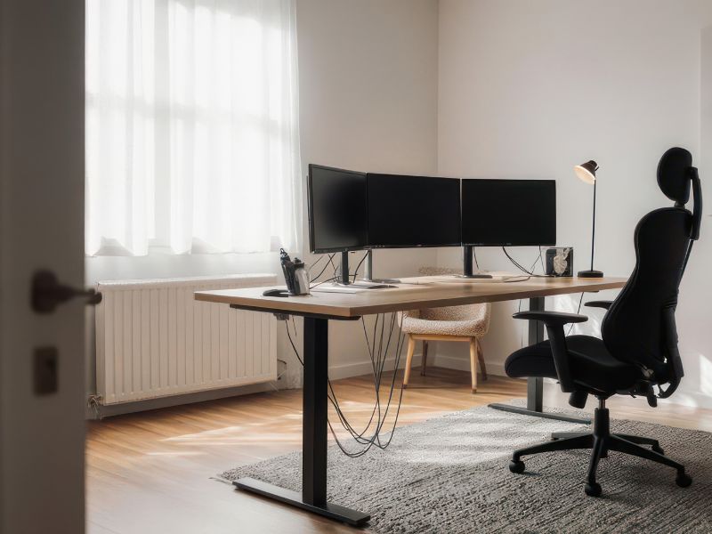 Moderna kancelarija sa radnim stolom, tri monitora, ergonomskom stolicom i minimalističkim dekorom.