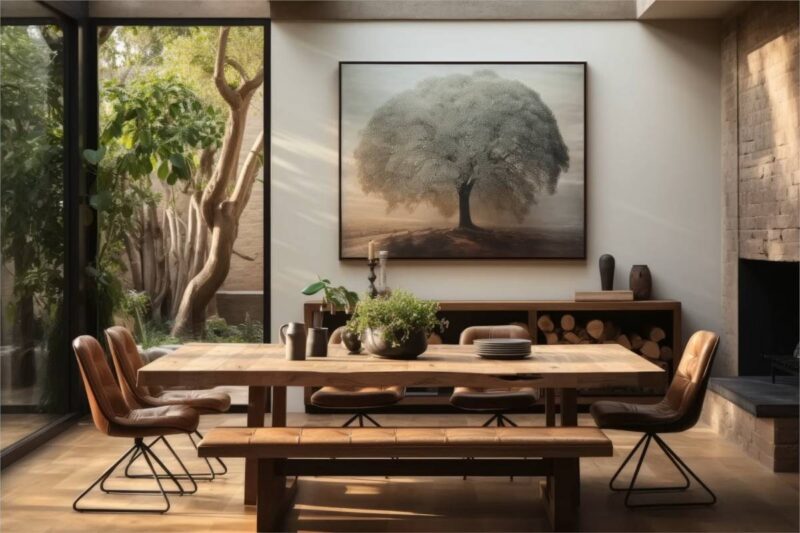 Trpezarija sa velikim drvenim stolom, kožnim stolicama, pogledom na zelenilo kroz stakleni zid i slikom drveta na zidu